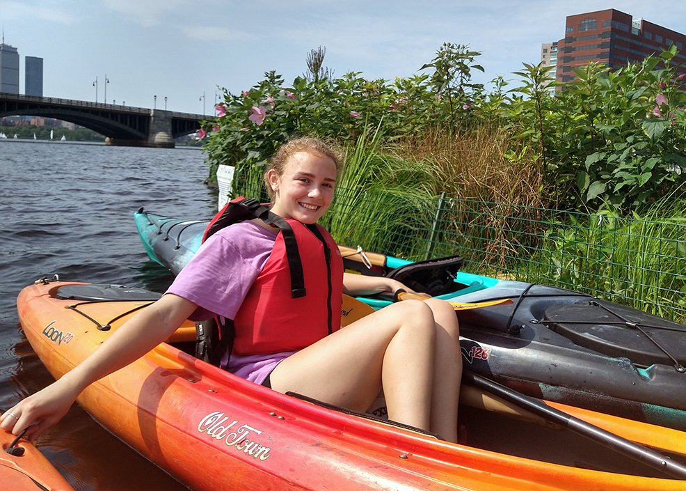 Kitty Lovell in kayak on the Charles River